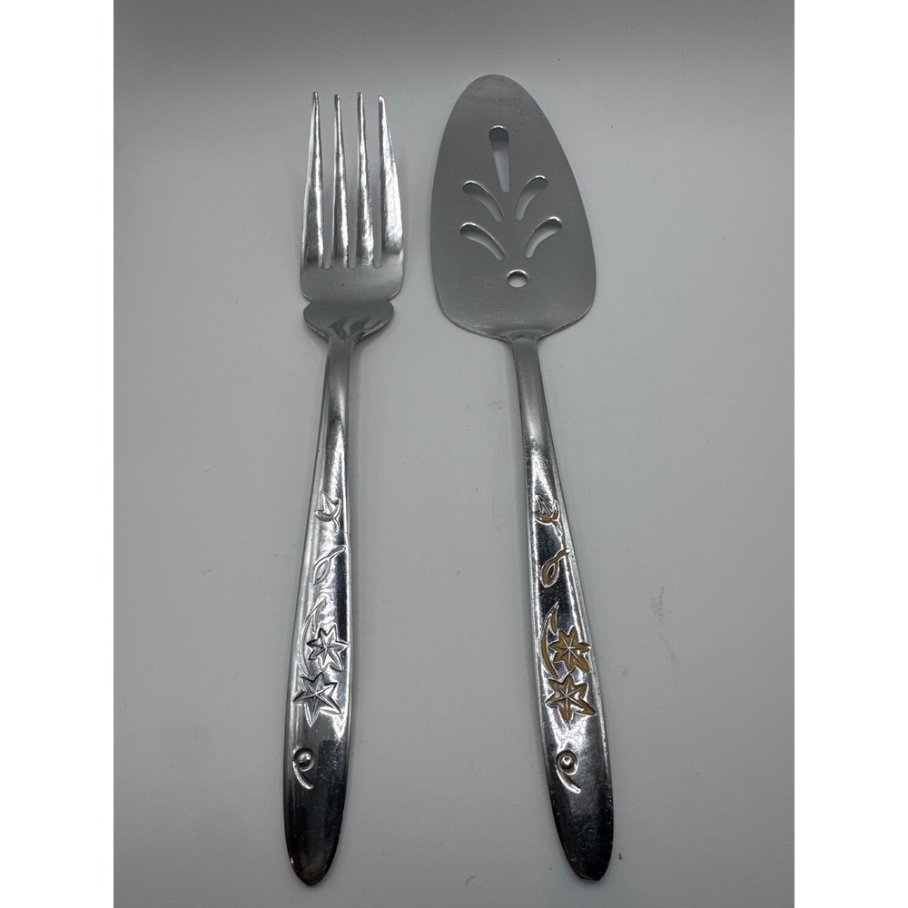 Vintage Japan Stainless Star Leaf Serving Set Pie Server & Meat Fork UNF138